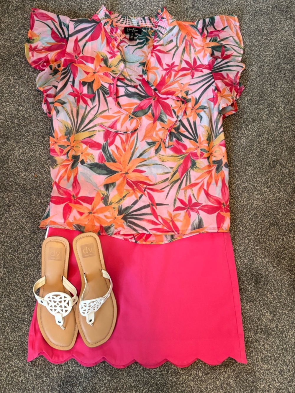 Jessica Simpson tropical  Floral Ruffle Sleeve Blouse - Pink & Orange
